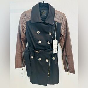 Women’s Black Trench Coat with Brown Faux Leather Sleeves